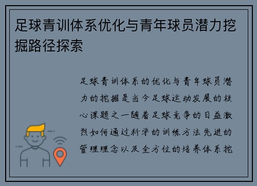 足球青训体系优化与青年球员潜力挖掘路径探索