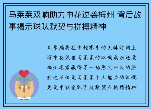 马莱莱双响助力申花逆袭梅州 背后故事揭示球队默契与拼搏精神