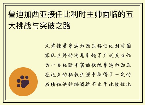 鲁迪加西亚接任比利时主帅面临的五大挑战与突破之路 鲁迪加西亚接任比利时主帅面临的五大挑战与突破之路